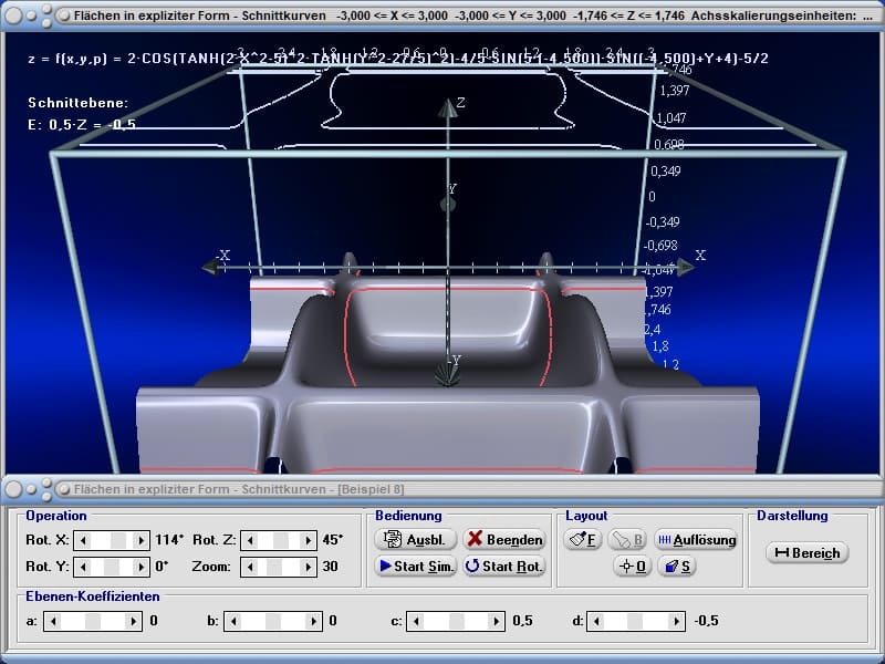 MathProf - Schnittkurve - Schnittebene - Schnitt - Schneiden - Ebene - Flächendarstellung -  Dreidimensionale Funktion zeichnen - 3D-Funktion plotten - 3D-Flächenplot - Rechner - Berechnen - Plotten - Zeichnen