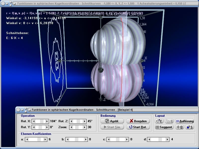 MathProf - Schnittkurve - Schnittebene - Schnitt - Schneiden - Ebene - Funktionen in 3D-Polarkoordinaten - Funktionen in sphärischen Koordinaten - Kugelflächenfunktion - Funktion - Berechnung - Rechner - Darstellen - Plotter