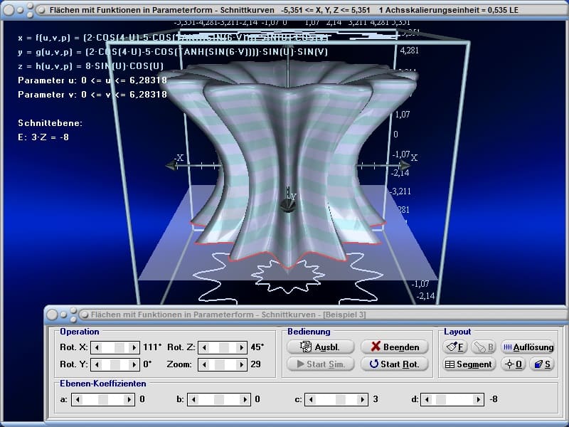 MathProf - Schnittkurve - Schnittebene - Schnitt - Schneiden - Ebene - Funktion - 3D - Parameterform - Definition - Raum - Surface - Plot - Graph - Plotter - Rechner - Bilder - Plotten - Darstellung