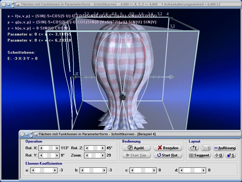 MathProf - Schnittkurve - Schnittebene - Schnitt - Schneiden - Ebene - Gekrümmte Fläche - Gekrümmte Flächen - 3D - Surface plot - 3D-Fläche - Minimalflächen - Mehrdimensionale Funktion - Rechner - Berechnen - Plotten - Zeichnen