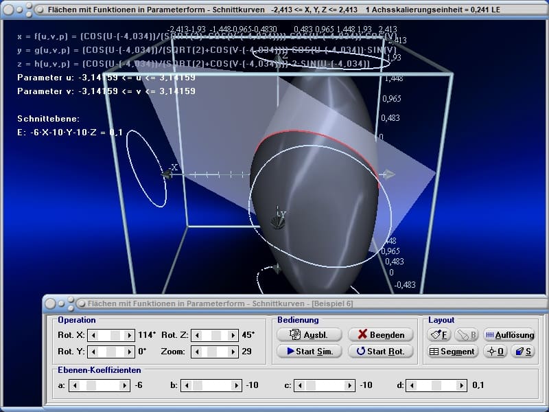 MathProf - Schnittkurve - Schnittebene - Schnitt - Schneiden - Ebene - Kontur - Funktion - 3D - Parameterform - Definition - Raum - Surface - Plot - Graph - Plotter - Rechner - Bilder - Plotten - Darstellung