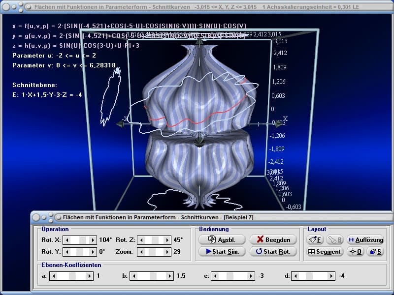 MathProf - Schnittkurve - Schnittebene - Schnitt - Schneiden - Ebene - Funktionen - Parameter - 2 Variablen - Gekrümmte Fläche - 3D-Surface plotter - 3D-Grafik - Rechner - Berechnen - Plotten - Zeichnen