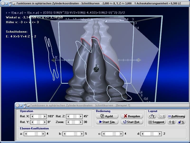 MathProf - Schnittkurve - Schnittebene - Schnitt - Schneiden - Ebene - Zylinderkoordinaten - Funktionen - Flächen - R3 - 3D-Funktionsplot - 3D-Flächen - Funktion - Berechnung - Rechner - Darstellen - Plotter