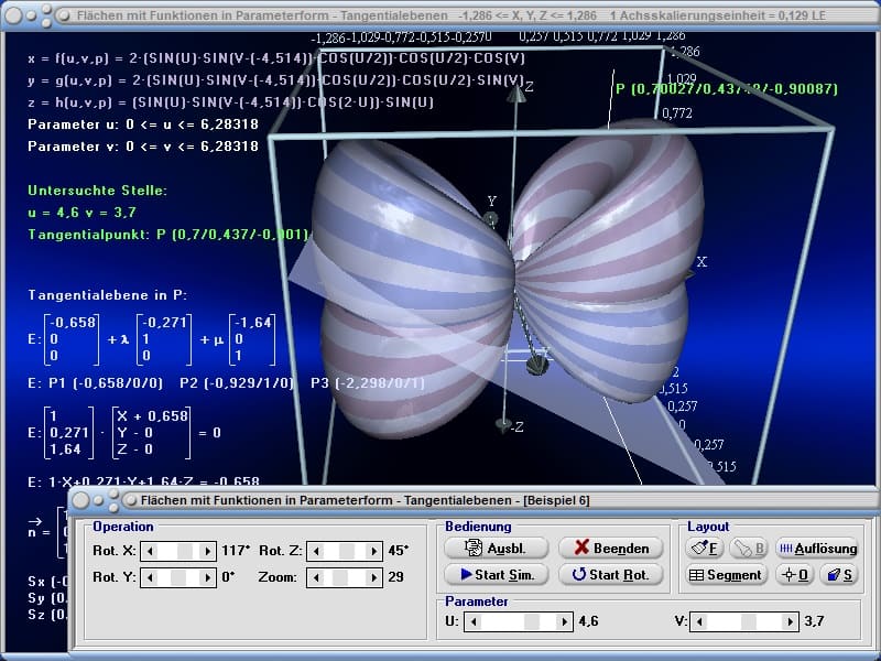 MathProf - Tangentialebene - x = f(u,v), y = g(u,v), z = h(u,v) - Parameter - Fläche - Plotter - Funktionen - Regelfläche - Rechner - Berechnen - Plotten - Zeichnen