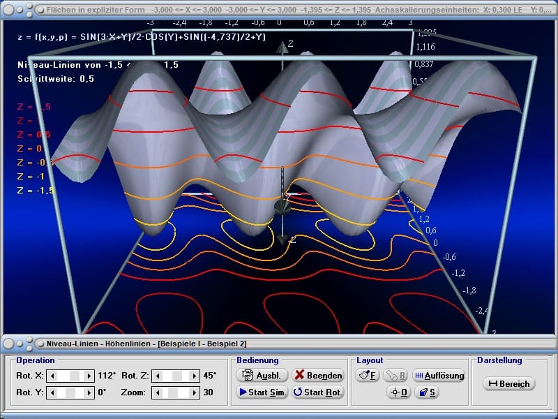 MathProf - Flächen - Fläche - Niveaulinien - Höhenlinien - Isohypen - Berechnen - Rechner - Zeichnen - Darstellen - Plotten - Plotter - Grafisch - Simulation - Parameter