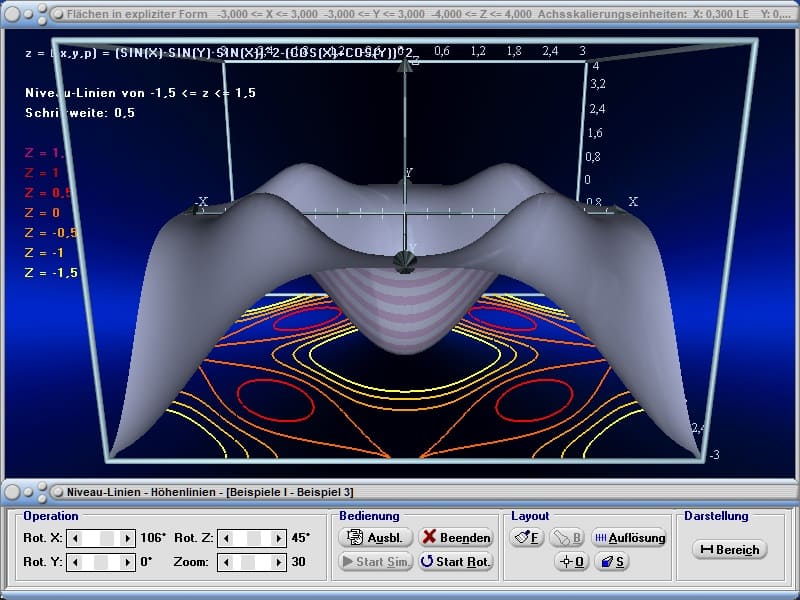  MathProf - Flächen - Fläche - Niveaulinien - Höhenlinien - Isohypen - Berechnen - Rechner - Zeichnen - Darstellen - Plotten - Plotter - Grafisch - Simulation - Parameter