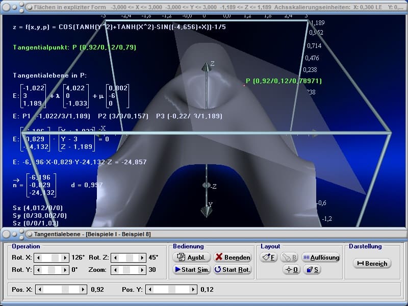 MathProf - Flächen - Fläche - Tangentialebene - Funktion - z = f(x,y) dz/dx - Bedingungen - 3D - Berechnen - Rechner - Zeichnen - Darstellen - Plotten - Plotter - Grafisch - Simulation - Parameter