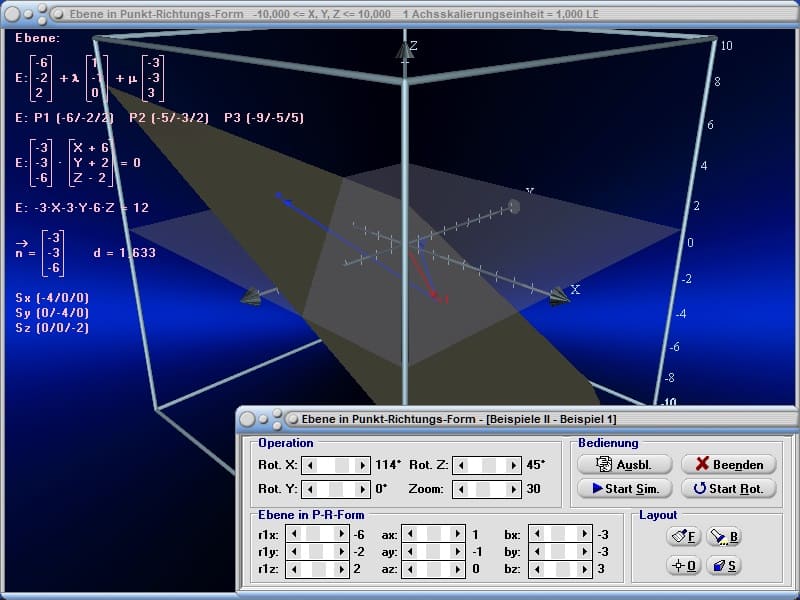 MathProf - Ebene - Punkt - Punktprobe - Vektorielle Parametergleichung einer Ebene - Gegenseitige Lage von Ebene und Gerade - Ebenen im Raum - Aufpunkt - Rechner - Berechnen - Zeichnen