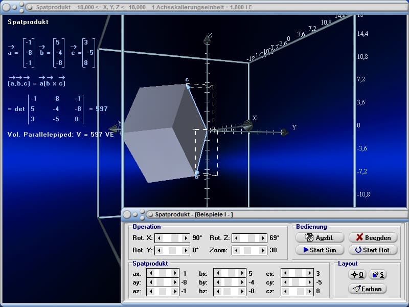 MathProf - Spatprodukt - Spat - Volumen - Spatvolumen - Parallelepiped - Determinante - Rechner - Berechnen - Plotten - Formel 