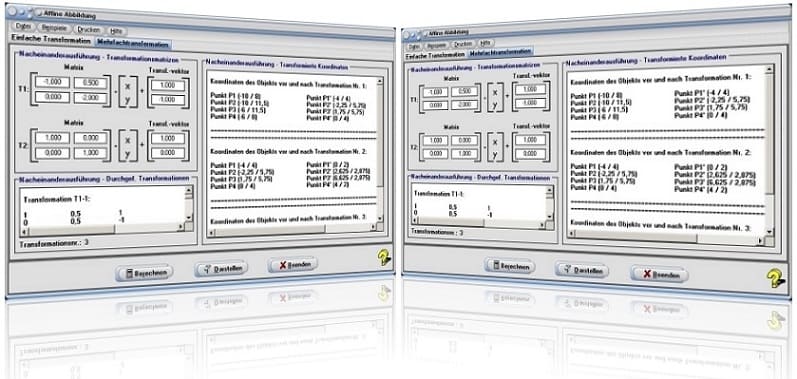 MathProf - Affine Abbildung - Affine Transformation - Affine Operation - Matrix - Abbildungsmatrix - Spiegelungsmatrix - Translationsmatrix - Transformationsmatrix - Projektionsmatrix - Scherungsmatrix - Abbildungsmatrizen - Verschiebungsvektor - Vektor - Drehmatrix - Darstellen - Drehung - Transformieren - Plotter - Berechnen - Punkt - Bild - Grafik - Rechner - Graph