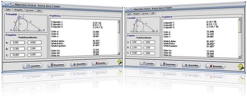 MathProf - Schiefwinkliges Dreieck - Dreieck durch 3 Punkte - Schwerpunkt des Dreiecks - Flächenberechnungs - Eckpunkte eines Dreiecks - Ankreismittelpunkt - Inkreismittelpunkt - Schwerpunkt - Seiten - Höhen - Bild - Grafik - Punkte - Rechner - Graph - Berechnung - Berechnen - Plotter - Seiten - Koordinaten - Darstellen - Zeichnen - Dreiecksfläche - Inkreis - Umkreis