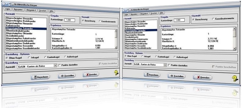 MathProf - Archimedische Körper - Dreidimensionale Körper - Zeichnen - Hexaederstumpf - Oktaederstumpf - Dodekaederstumpf - Ikosaederstumpf - Bild - Grafik - Archimedische Polyeder - Abgeschrägtes Hexaeder - Abgeschrägtes Dodekaeder - Abgestumpftes Hexaeder - Kuboktaeder - Abgestumpftes Tetraeder - Rhombenkuboktaeder - Abgestumpftes Oktaeder - Ikosidodekaeder - Abgestumpftes Kuboktaeder - Rhombenikosidodekaeder - Abgestumpftes Dodekaeder - Abgestumpftes Ikosaeder - Abgestumpftes Ikosidodekaeder - Hexaederstumpf - Tetraederstumpf - Oktaederstumpf- Graph - Plotten - Plotter - Tabelle