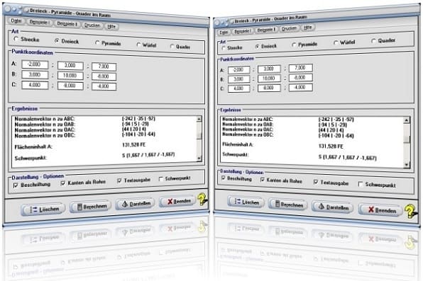 MathProf - 3D - Würfel - Quader - Dreieck - Dreieck im Raum - Pyramide - Tabelle - Rechner - Berechnen - Beispiel - Aufgabe - Grafik - Zeichnen - Graph - Plotten - Plotter - Mantelfläche - Oberfläche - Volumen 