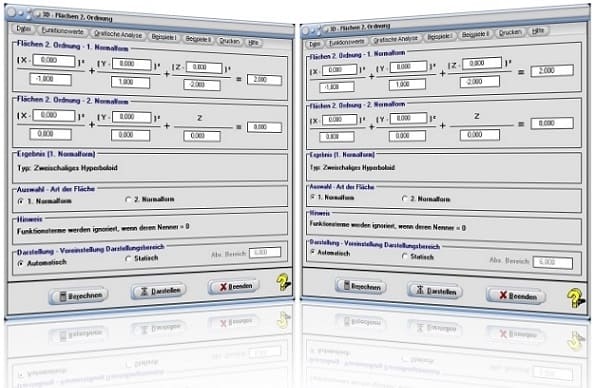 MathProf - Flächen 2. Ordnung - Kegelschnitte - 3D - Hyperflächen - Quadrik - Quadriken - R3 - Darstellung - Rechner - Berechnen - Gleichung - Eigenschaften - Graph - Grafisch - Bild - Plotter - Berechnung - Darstellen - Ellipsoid - Hyperboloid - Paraboloid