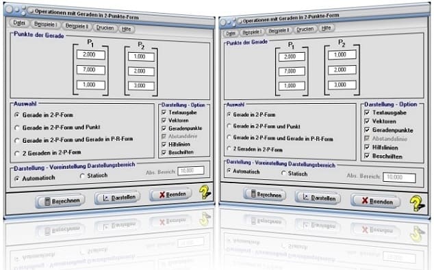 MathProf - Gerade - Raum - Zwei-Punkte-Form 3D - Winkel - Zwei Geraden - Lagebeziehung - Windschiefe Geraden - Schneidende Geraden - Schnittwinkel - Abstand - Punkt - Schnittpunkt - Lage  - Formel - Parameter - Grafik - Plotter - Rechner - Berechnen - Graph