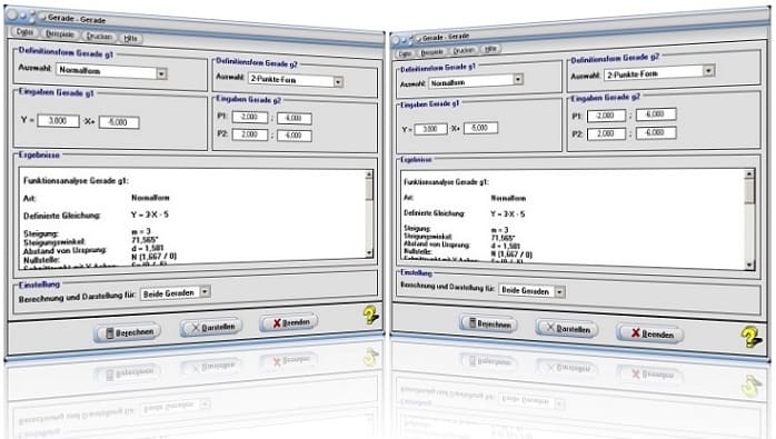 MathProf - Rechner für Geradengleichungen - Berechnung - Abstand paralleler Geraden - Winkel zwischen zwei Geraden - Schnittwinkel zweier Geraden - Geraden in der Ebene - Arbeitsblatt - Arbeitsblätter - Unterrichtsmaterial - Darstellen - Berechnen