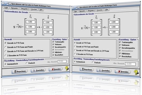 MathProf - Geraden - Raum - Parameterform - Parametergleichung - Punktrichtungsgleichung - Parameterdarstellung - Vektoren - Schneidende Geraden - Spurpunkte - Winkel - Werte - Berechnen - Zeichnen - Grafik - Lösung - Plotten - Rechner - Formel - Plotter - Gleichung