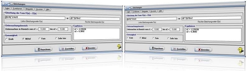 MathProf - Gleichung - Gleichungen - Funktionsgleichungen - Lösen - Lösungen - Funktionsgleichung - Nichtlineare Gleichungen - Schnittpunkte zweier Funktionen - Gleichungsrechner - Grafik - Graphen - Grafisch - Rechner - Lösungen - Plotter - Tabelle - Werte - Rechnerisch - Berechnen - Numerisch