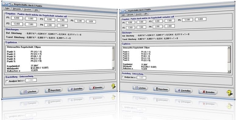 MathProf - Ellipse durch 5 Punkte - Hyperbel durch 5 Punkte - Parabel durch 5 Punkte - Kurven zweiter Ordnung - Hauptachsentransformation  - Punkte - Ellipsengleichung - Hyperbelgleichung - Parabelgleichung - Allgemeine Gleichung - Darstellung - Berechnung - Darstellen - Berechnen - Rechner - Plotter - Zeichnen - Plotten - Numerische Exzentrizität - Lineare Exzentrizität 