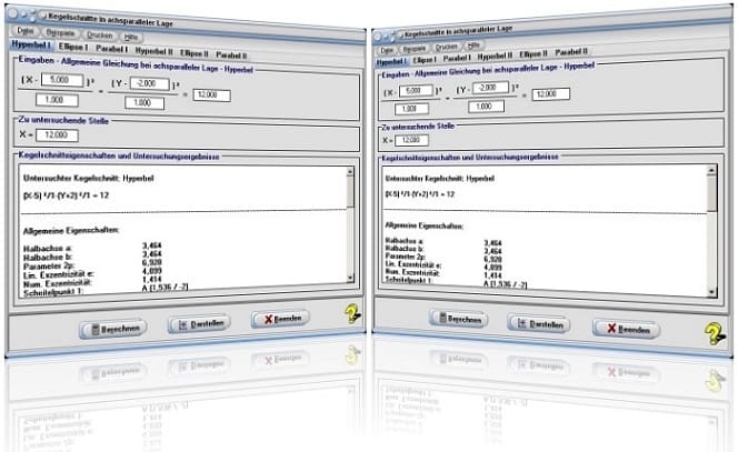 MathProf - Kegelschnitte - Kurven zweiter Ordnung -  Ellipsengleichung - Hyperbelgleichung - Achsenparallel - Kegelschnittgleichungen - Parameterdarstellung - Ellipse - Hyperbel - Parabel - Hyperbelfunktionen - Tangenten - Rechner - Berechnen - Darstellen - Graph - Darstellung - Plotter