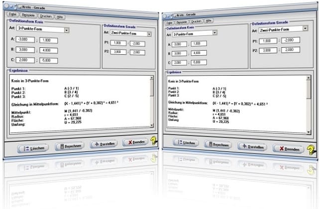 MathProf - Kreis - Gerade - Tangente - Passante - Berechnen - Sehnenlänge - Kreis durch drei Punkte - Kreisformeln - Kreisberechnung -  Abstand - Schnittpunkte - Berührungspunkt - Plotten - Rechner - Lösung - Graph - Plotter - Berechnen - Darstellen