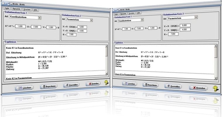 MathProf - Zwei Kreise - Kreise - Schnittpunkte - Kreisfunktion - Berechnung - Darstellung - Tangente zweier Kreise - Normale zweier Kreise - Chordale - Eigenschaften - Kreis Kreis - Flächenberechnung - Kreisberechnungen - Kreismittelpunkt - Berührpunkt - Rechner - Darstellen - Berechnen - Plotter - Graph - Plotten - Tangenten - Berechnung