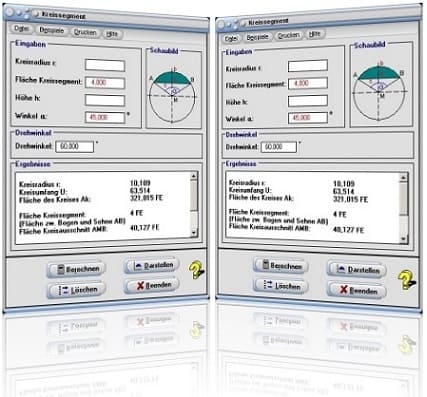 MathProf - Kreissegment - Kreisabschnitt - Kreissehne - Bogen - Sehne - Länge - Kreisteile - Berechnung - Schwerpunkt - Abschnitt - Segment - Halbbogen - Höhe - Winkel - Fläche - Grafik - Beispiel - Berechnen - Graph - Plotter - Aufgabe - Rechner - Plotten