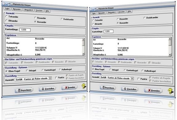 MathProf - Platonische Körper - Reguläre Polyeder - Duale Körper - R3 - Regelmäßige Polyeder - Regelmäßige Körper - Konvexe Polyeder - Tetraeder - Oktaeder - Hexaeder - Ikosaeder - Dodekaeder - Kubus - Volumen - Grafik - Liste - Plotter - Grafik - Zeichnen - Plotten