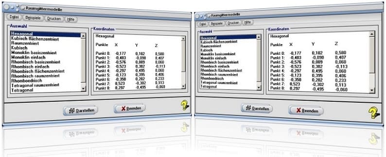 MathProf - Kristall - Gitter - Gittermodell - Kristallgittertypen - Hexagonales Gitter - Kubisch flächenzentriertes Gitter - Raumzentriertes Gitter - Kubisches Gitter - Raumgitter - Modell - Monoklin basiszentriertes Gitter - Monoklines Gitter - Rhombisch basiszentriertes Gitter - Rhombisch flächenzentriertes Gitter - Rhomisch raumzentriertes Gitter - Rhomboedrisches Gitter - Tetragonal raumzentriertes Gitter - Tetragonales Gitter - Darstellung - Tabelle - Graph - Plotten - Plotter - Darstellen