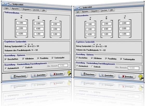 MathProf - Spatprodukt - Spat - Volumen - Spatvolumen - Parallelepiped - Gemischtes Produk - Graph - Grafisch - Darstellung - Berechnung - Grafik - 3D - Rechner - Berechnen - Graph - Plotten - Formel - Eigenschaften - Volumen - Vektoren - Darstellen - Zeichnen