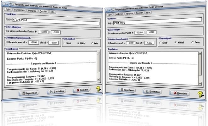 MathProf - Tangente - Punkt - Extern - Außen - Kurve - Normale - Tangentengleichung - Punkt - Normalengleichung - Tangentenpunkt - Ermitteln - Ermittlung - Bestimmen - Bestimmung - Berechnen - Grafik - Rechner - Plotter - Graph - Zeichnen - Bilder - Darstellung - Berechnung - Darstellen