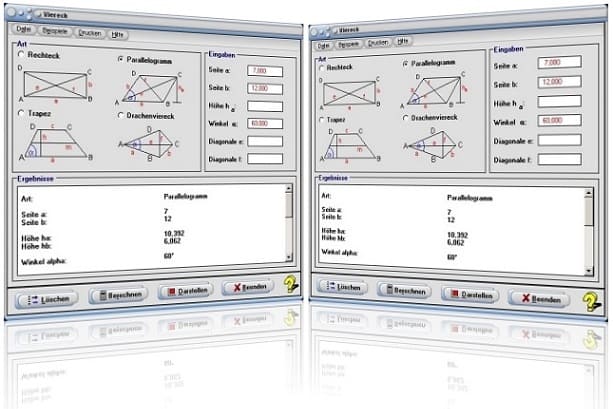 MathProf - Rechteck - Quadrat - Parallelogramm - Trapez - Drachenviereck - Rhombus - Raute - Vierecke - Drachen - Rechner - Formeln - Winkel - Fläche - Graph - Plotter - Grafisch - Bild - Grafik - Berechnen - Plotten - Darstellen - Zeichnen - Diagonalen - Länge - Breite - Höhe - Seite - Formeln