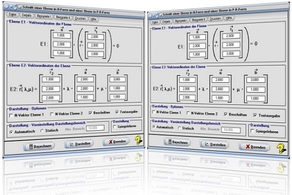 MathProf - Ebenen - Zwei Ebenen - Ebenen im Raum - Zeichnen - Lagebeziehung - Ebenengleichungen - Schnittgerade - Schnittwinkel - Schneiden - Spiegeln - Berechnen - Rechner - Graph - Gleichung - Grafisch - Plotten - Dasrtellen - Zeichnen - Grafisch