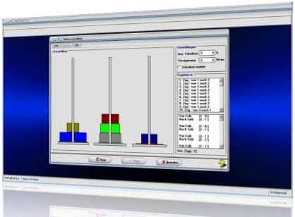 MathProf - Türme von Hanoi - Türme - Turm - Hanoi - Turmbau von Hanoi - Berechnung - Rekursiv - Rechner - Berechnung - Berechnen - Dauer - Lösung - Züge - Animation