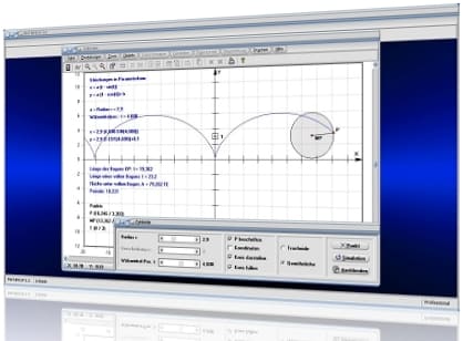 MathProf - Zykloide - Trochoide - Verlängerte Zykloide - Rollkurven - Verkürzte Zykloide - Gewöhniche Zykloide - Wälzwinkel - Zykloidenbahn - Zykloide berechnen - Zykloide zeichnen - Animation - Bahnkurve einer Zykloide - Fläche - Bogenlänge - Rechner - Berechnen