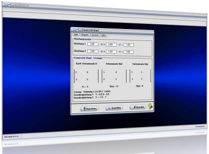 MathProf - Cramersche Regel - Cramer Regel - Determinantenverfahren - Determinantenmethode - Zweireihige Determinante - Lineare Gleichungssysteme grafisch - Lineare Gleichungssysteme zeichnerisch - Zeichnerische Lösung - Grafisches Verfahren - Grafisches Lösungsverfahren - Rechner - Berechnen
