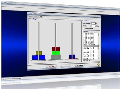 MathProf -  Türme von Hanoi - Türme - Hanoi - Turm - Was sind - Programm - Simulation - Dauer - Anleitung - Erklärung - Beschreibung - Einführung - Spiel - Anzahl - 3 Scheiben - 4 Scheiben - 5 Scheiben - 6 Scheiben - 7 Scheiben - 8 Scheiben 