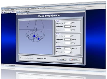 PhysProf - Chaotisches Pendel - Doppelpendel - Chaospendel - Chaotisches Doppelpendel - Chaos Doppelpendel - Chaos - Pendel - Dämpfung - Berechnen - Rechner - Masse - Winkel - Gedämpft - Ebenes Doppelpendel - Elongation - Physik