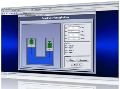 PhysProf - Druck - Kraft  - Physikalischer Druck - Wasser - Kolben - Hydraulik - Hydrauliksystem - Schweredruck - Gewichtsdruck - Hydraulischer Druck - Hydrostatisches Paradoxon - Druck in Flüssigkeiten - Pascalsches Gesetz - Pa - Pascal - Drücke - Druckausbreitung - Druckverteilung - Berechnen - Rechner