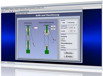 PhysProf - Flaschenzug - Flaschenzüge - Weg - Einheit - Kraftweg - Lastweg - Zugweg - Zug - Ziehen - Rollen - Potenzflaschenzug - Seilwinde - Seilkraft - Seilkräfte - Einfacher Flaschenzug - Kraftwandler - Rechner - Berechnen