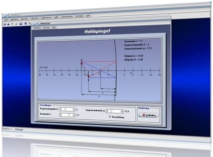 PhysProf - Hohlspiegel - Konkavspiegel - Konkaver Spiegel - Konkave Spiegel - Gegenstandsweite - Gegenstandsgröße - Brennpunktstrahl - Parallelstrahl - Reflexion - Spiegelbild - Beispiel - Bildweite - Bildgröße - Brennweite - Brennpunkt - Berechnen - Bildkonstruktion - Berechnen - Rechner