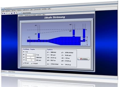 PhysProf - Strömung - Strömungslehre - Volumenstrom - Fließgeschwindigkeit - Gleichförmige Strömung - Mittlere Fließgeschwindigkeit - Visualisierung - Simulation - Querschnitt - Volumen - Druck - Drücke - Dichte - Rohr - Rohrleitung - Dynamischer Auftrieb - Rechner - Berechnen