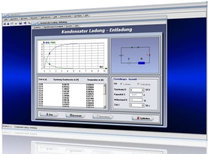 PhysProf - Kondensator - Ladung - Entladung - Laden - Entladen - Spannung - Strom - Stromstärke - Kapazität - Widerstand - Ladezeit - Entladezeit - Ladedauer - Elektrische Ladung - Aufladen - Entladen - Zeit - Zeitkonstante - Rechner - Berechnen - Diagramm