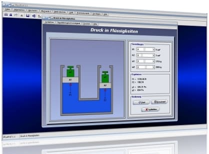 PhysProf - Kraft - Auflagedruck - Druck berechnen - Fläche - Druckübersetzung - Druckübersetzer - Druckkraft - Druckkräfte - Druckmessung - Druckmessgerät - U-Rohr-Manometer - U-Rohr - Hydraulik - Kraftübersetzung - Volumenverdrängung - Berechnen - Rechner