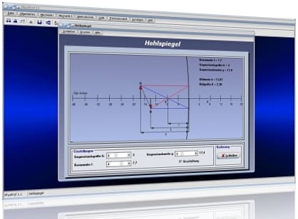 PhysProf - Hohlspiegel - Bildentstehung - Strahlen - Wölbspiegel - Konvexspiegel - Zerstreuungsspiegel - Konvexe Linsen - Konvexe Spiegel - Ebener Spiegel - Ebene Spiegel - Planspiegel - Flachspiegel - Flacher Spiegel - Strahlengang - Abbildung - Bild - Berechnen - Rechner - Formel