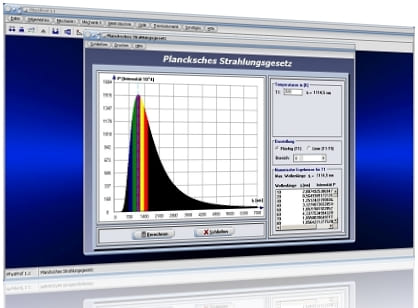 PhysProf - Strahlung - Stahlungskonstante - Strahlungsleistung - Strahlungsintensität - Leistung - Wellenlänge - Maximum - Boltzmann-Konstante - Schwarzer Körper - Intensität - Wellenbereiche - Lichtintensität - Diagramm - Berechnen - Rechner - Formel