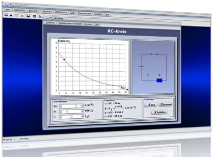 PhysProf - RC-Schaltung - RC Reihenschaltung - Rechner - Berechnen - Kapazität - Spannung - Strom - Widerstand - Ladung - Gleichspannung - Stromstärke - Stromverlauf - Zeitkonstante - Zeit - Elektrische Ladung