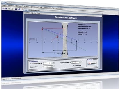 PhysProf - Zerstreuungslinse - Bildweite - Reelles Bild - Virtuelles Bild - Parallelstrahl - Parallelstrahlen - Brennpunktstrahl - Bestimmung - Bestimmen - Reelle Abbildung - Reelle Bilder - Virtuelle Bilder - Linsenabbildung - Abbildung - Bildgröße - Gegenstandsgröße - Brechwert - Brechkraft - Brennweite - Brennpunkt - Abbildungsmaßstab - Zeichnen - Bildpunkt - Brennebene - Berechnen