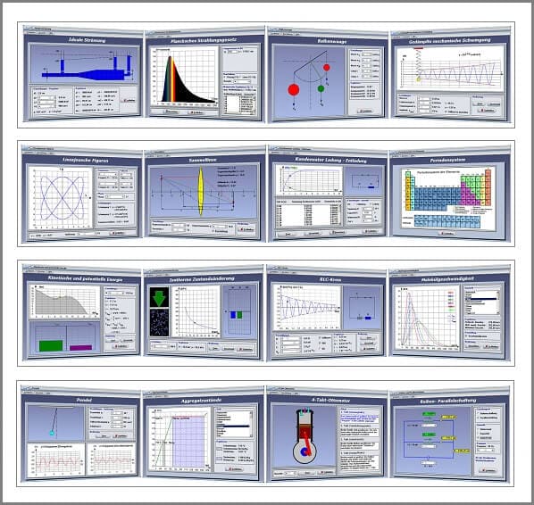 PhysProf - Bilder zum Programm - Pendel - Chaos-Doppelpendel - Gedämpfte mechanische Schwingung - Rolle und Flaschenzug - Balkenwaage - Hebelgesetz - Zweites Newtonsches Gesetz - Drittes Newtonsches Gesetz - Hookesches Gesetz