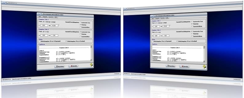 MathProf - Komplexe Zahlen - Rechner - Imaginäre Zahlen - Realteil - imaginärteil - Konjugiert komplexe Zahlen - Werte - Lösen - Winkel - Beispiele - Berechnung -   Formel - Berechnen - Berechnung - Kartesisch - Polar - Polarform - Potenz - Logarithmus - Quadrat - Quadratwurzel - Quadrieren - Konjugieren - Kehrwert - Radizieren - Wurzel - Wurzelziehen - Summe - Produkt - Quotient - Differenz - Exponent